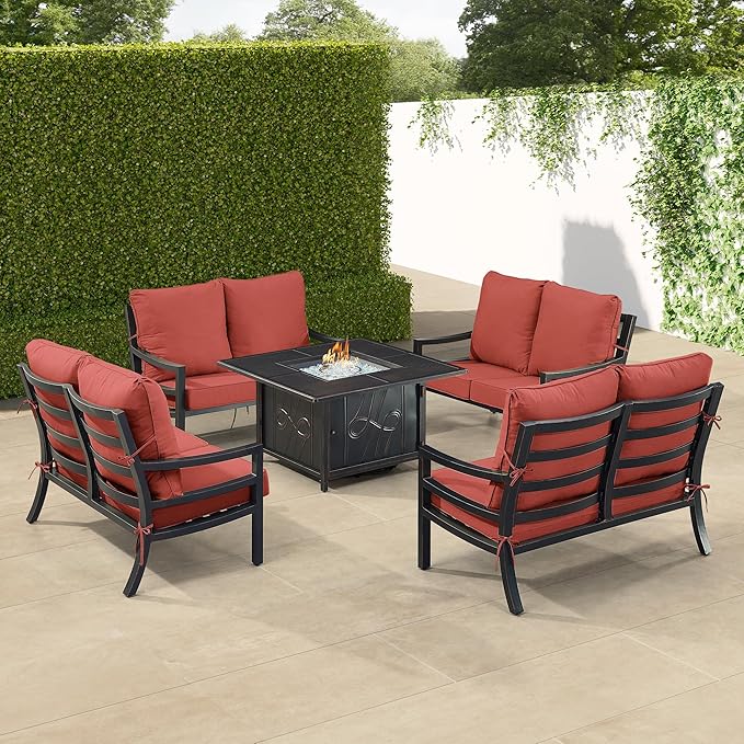 Oakland Living Black Aluminum Patio Fire Table Set with Four Deep Seating Loveseat with Cushions with Red Cushions