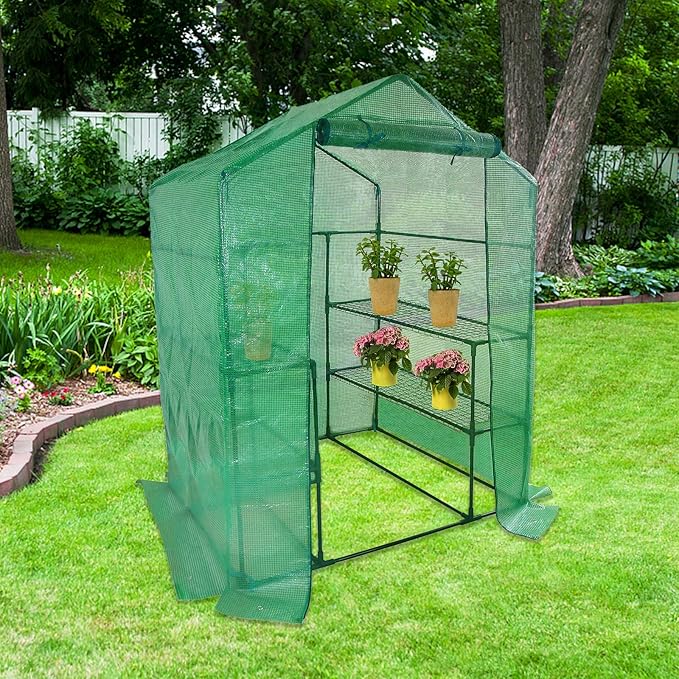 Walk-in Greenhouse Replacement Cover with Roll-Up Zipper Door- 56"x56"x76" PE Plant Gardening Greenhouse Cover for Gardening Plants Cold Frost Protection Wind Rain Proof (Frame Not Include)
