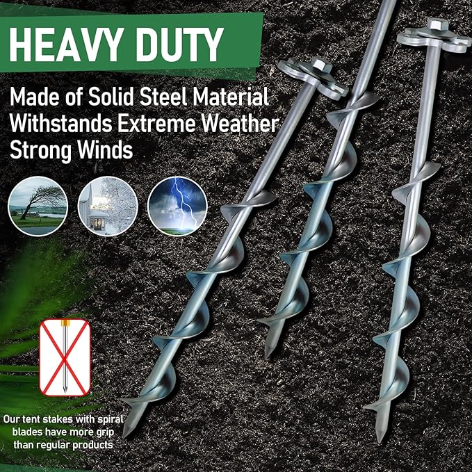 Ground Anchors Screw in – 4 Pack Spiral Tent Stakes heavy duty with Drill Socket & T-Handle, 12 Inch Trampoline Anchor with Hook & Ring Design for Tents, Sheds, Canopies, Swing Sets, Gazebo(4)