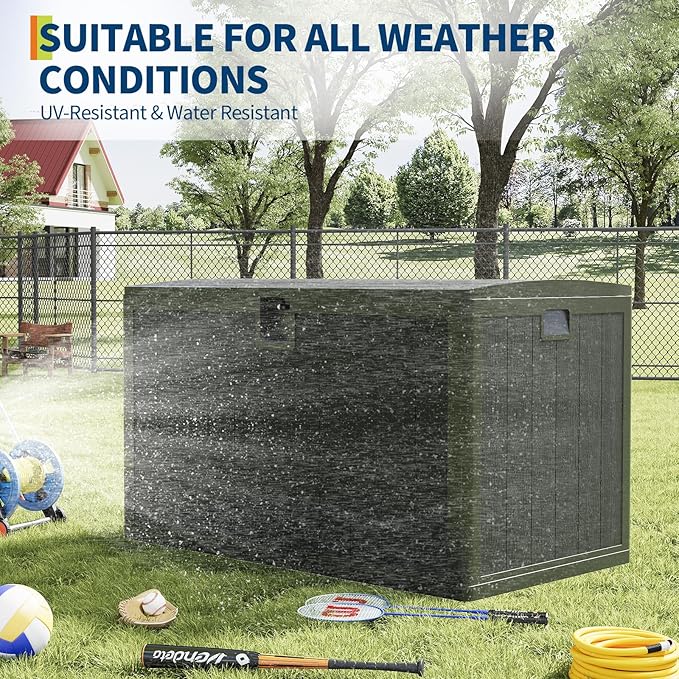 130 Gallon Outdoor Waterproof Storage Box Lockable Outdoor Storage Boxes Deck Storage Boxes for Package Delivery Deck Boxes for Patio Furniture, Garden, Tools - Faux Wood Grain Black