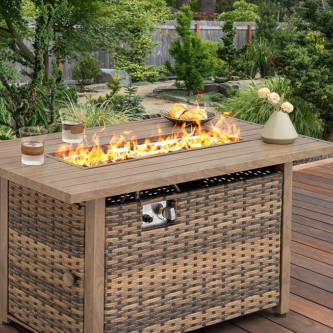 Nuu Garden 43” Propane Fire Pit, CSA-Listed Rattan Outdoor Fire Pit Table, 50,000 BTU Smokeless Gas Fire Table with Lid and Glass Beads, 2-in-1 Rectangular Fire Table for Outside Backyard Patio, Brown