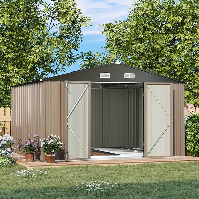 Patiowell 10 x 10 FT Outdoor Storage Shed with Floor Frame, Metal Yard Shed with Design of Lockable Doors, Utility and Tool Storage for Garden, Patio, Backyard, Outside use, Brown