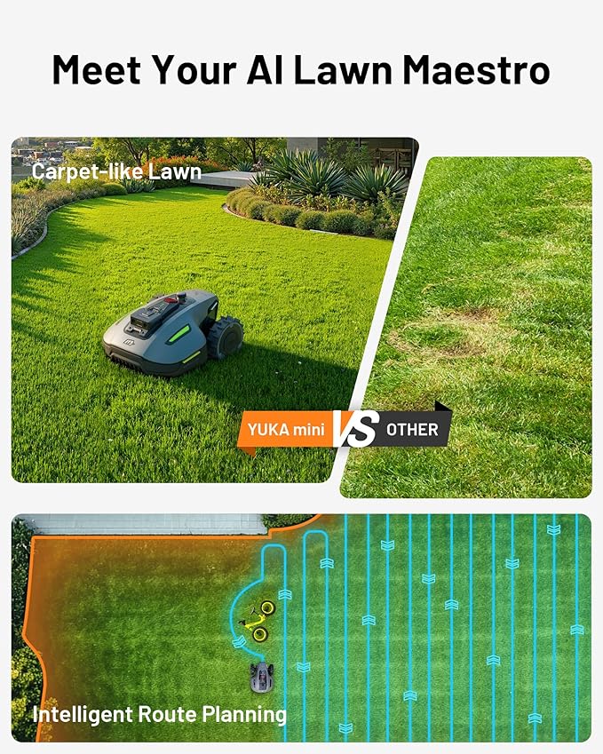YUKA mini 700 Robot Lawn Mower for 0.17 Acre, UltrasenseAI Vision+ RTK Positioning, Auto Mapping, App Control,50% Slope,Perimeter Wire Free, 15 Mowing Zones Management