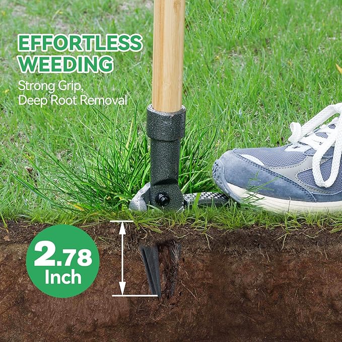 Weed Puller Stand-Up Weed Puller Tool with Long Handle & 4-Claw Steel Head Manual Weed Remover Tool for Lawn and Garden (Bamboo)