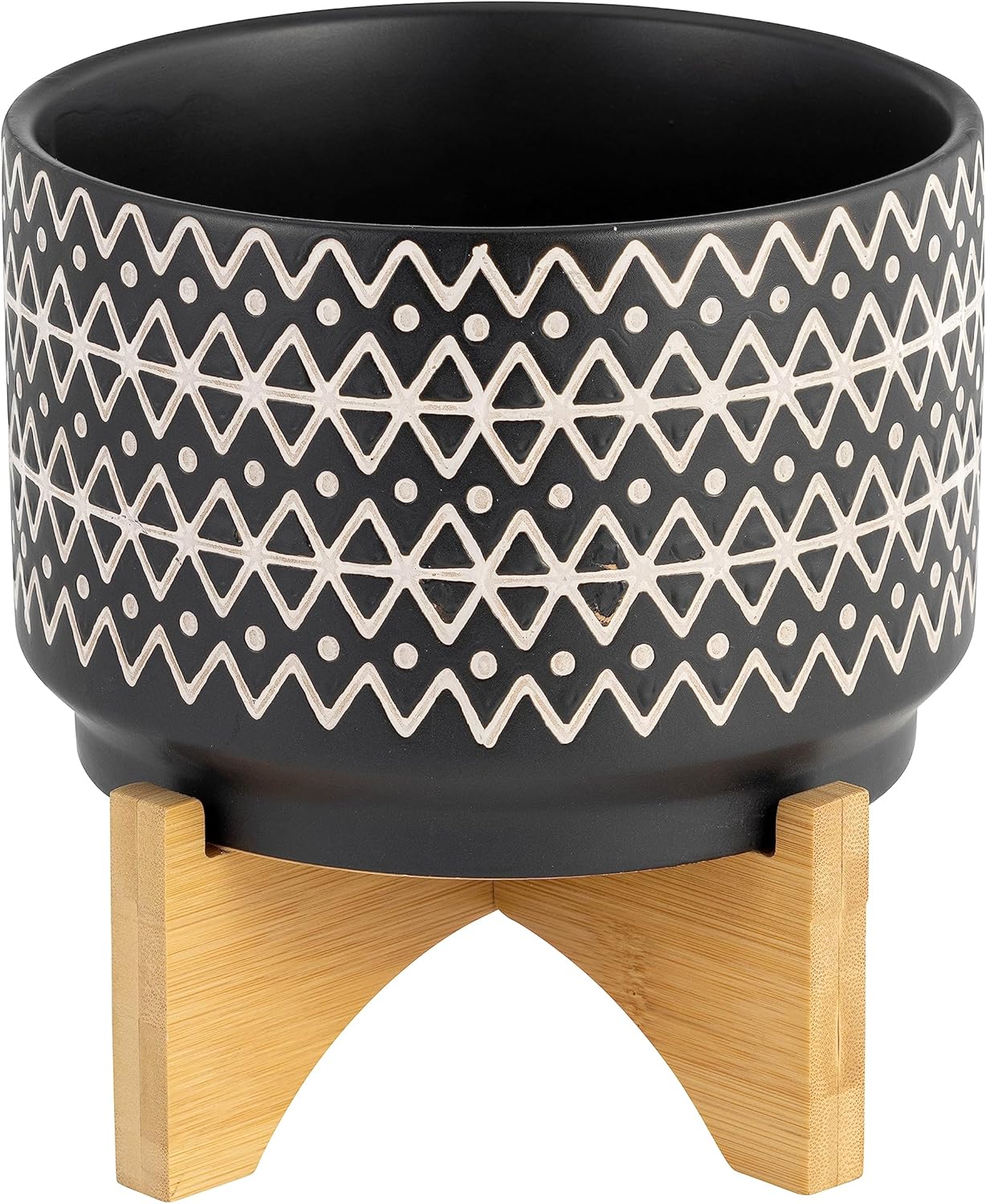 Ceramic Planter with Bamboo Stand – Modern Plant Pot with Geometric Pattern – Durable Stoneware Plant Holder for Indoor & Outdoor Plants – Stylish Boho Home Decor – 8", Black