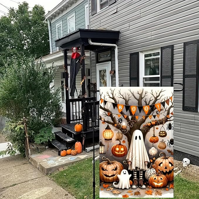Halloween Ghost Garden Flag 12x18 Inch Double Sided Vertical Flag Spooky Pumpkin Garden Flag for Outside, Halloween Decoration for Home, Fall Porch Lawn Patio Banner