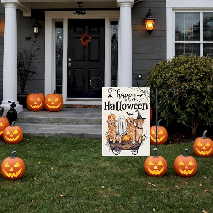 Happy Halloween Garden Flag for Outside, 12x18 Inch Double Sided Halloween Dog Pumpkin Ghost Bats Yard Flag, Farmhouse Small Yard Flags for Outdoor Decorations, Holiday Decor Gifts-A03