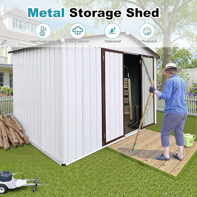 8x10 FT Outdoor Storage Shed, Metal Tool Shed with Lockable Doors, Peaked Roof & Frame Floor, Garden Shed with Vented Design for Backyard Garden Patio Lawn, White+Coffee