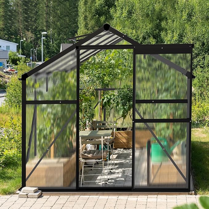 6x8 FT Greenhouse for Outdoors, Heavy Duty Polycarbonate Panels with 5 Roof Vents, Aluminum Large Walk-in Greenhouse for Outside Garden Backyard, Easy Setup, Black