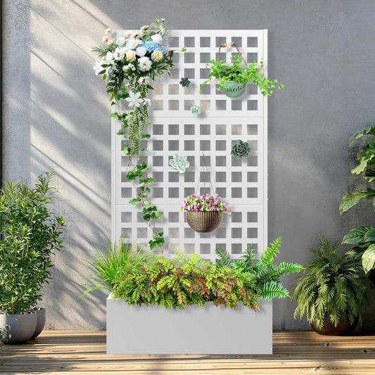 Metal Raised Garden Bed with Trellis, 2 in 1 Trellis with Planter Box & Privacy Screen for Climbing Plants, Vine, Outdoor Standing Flower Beds with Drainage Holes, 35.4"L x 16.7"W x 70.8"H, White