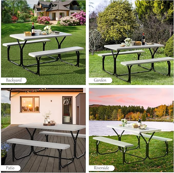 Moccha Picnic Table Bench Set - Portable Plastic Picnic Table w/Steel Frame & Wood-Like Texture, All Weather Heavy Duty Picnic Table Kit, Picnic Tables for Outdoors Garden Patio Party Dining (White)