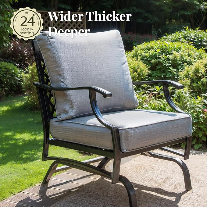 Patio Furniture Set 4 pcs, Outdoor Patio Furniture, 3-Seat Sofa, 2 Rocking Chairs, Metal Coffee Table and 5.75" Extra Thick Cushion, Patio Conversation Set for Garden Backyard Deck,Grey