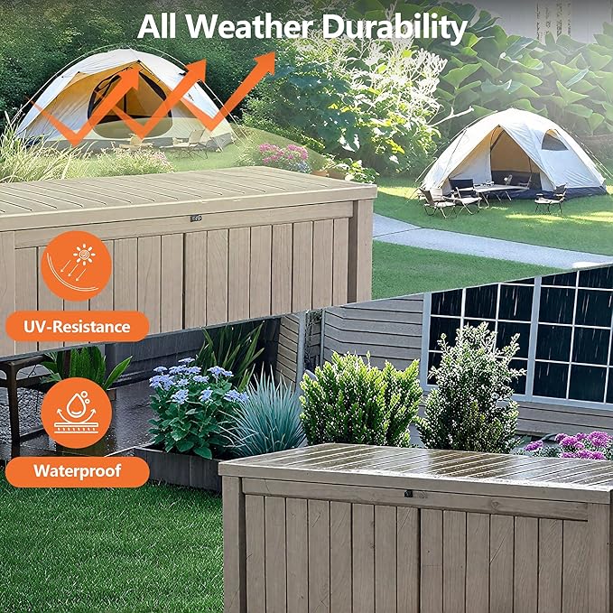 120 Gallon Outdoor Storage Box - Waterproof Resin Deck Box with Stainless Steel Rods - Lockable & UV Resistant Storage Bin for Patio Cushions & Garden Tools - Stylish Grey Design