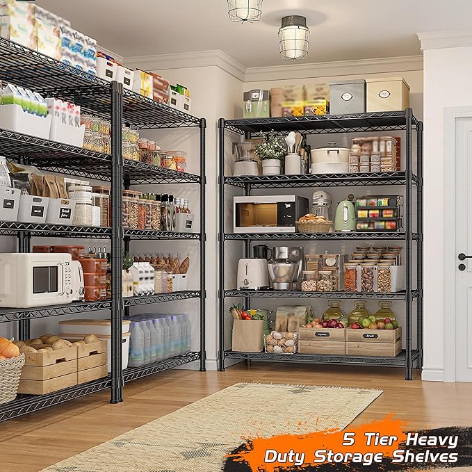 REIBII Storage Shelves 71" H Tall Wire Shelving Unit Sturdy Metal Shelves Adjustable Wide Pantry Shelves 5 Tier Deep Heavy Duty Metal Shelving Load 1500LBS Storage Rack 2 Pack
