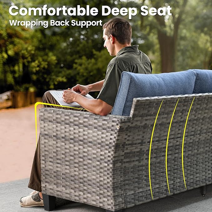 ovios 8 Pieces Patio Furniture Set, Outdoor Wicker Sofa Couch with Rocking Swivel Chairs Solar Lights Table, Modern Deep Seat Rattan Conversation Sets for Porch Deck, Denim Blue