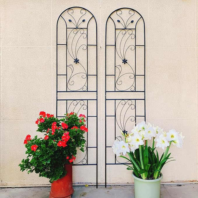 2 Pack Metal Garden Trellis for Climbing Plant Rose Stand,86.7'' Tall Black Pattern Outdoor Flower Support Iron Garden Fence, Black