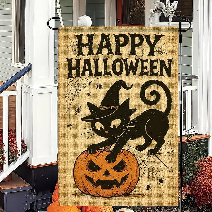 Happy Halloween Garden Flag 12x18 Inch Double-Sided Black Cat Flags Pumpkin Spider Web Design Fall Outdoor Decoration Polyester Yard Banner for Porch or Lawn