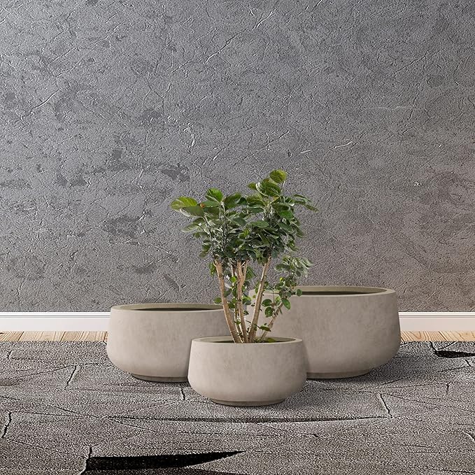 Kante 21.6",16.9",and 12.5" Dia Round Weathered Concrete Elegant Planters (Set of 3), Outdoor Indoor Garden Plant Pot with Drainage Hole and Rubber Plug for Home & Patio