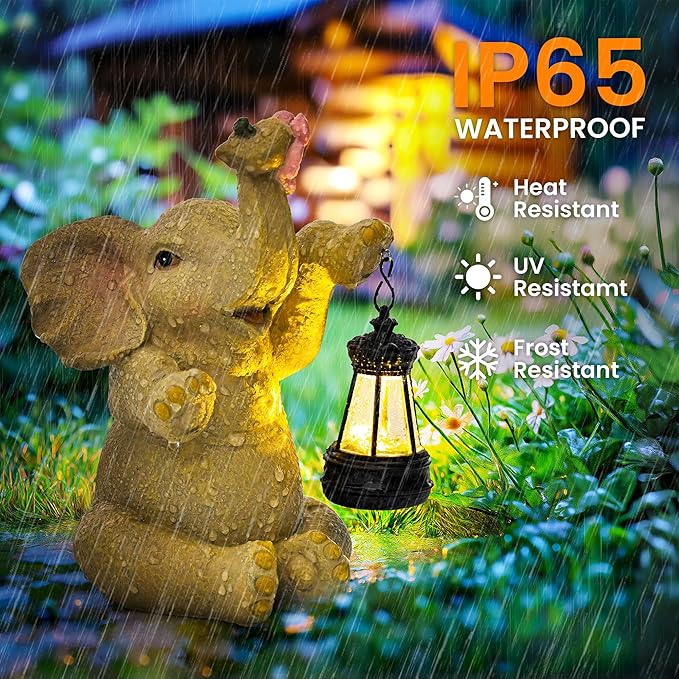 GIGALUMI Solar Garden Statues Elephant with Lantern Elephant Gifts for Women Birthday Gifts for Mom. Elephants Figurine Solar Garden Decor Outdoor Statues for Yard, Patio, Balcony, Lawn, Pond