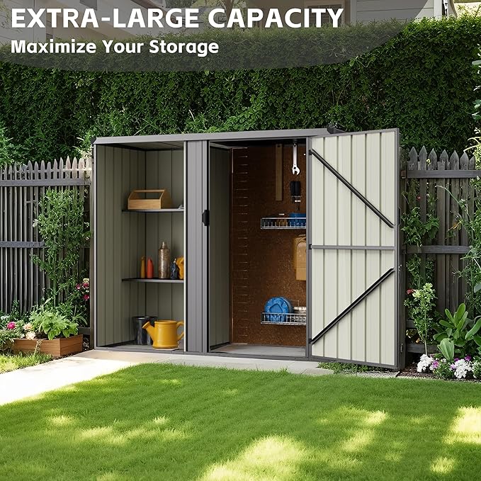 6×3 FT Metal Outdoor Storage Shed with Shelves, Lockable Waterproof Garden Tool Shed, Robust Backyard Patio Shed with Sloped Roof for Lawn Mower, Dark Gray (No Floor)