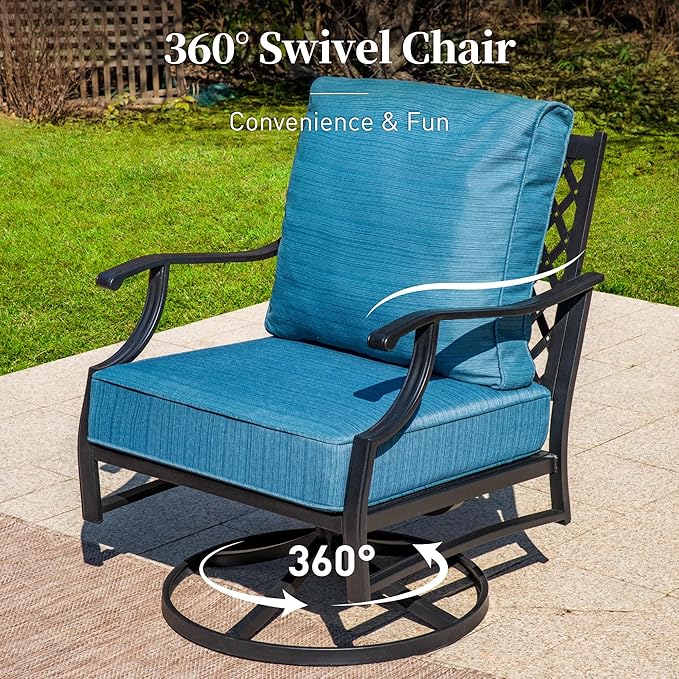 7 Piece Metal Outdoor Patio Furniture Set, Patio Conversation Sets 3-seater Sofa, 2 Fixed Chairs, 2 Swivel Chairs, 2 Ottomans with 5.75" Thick Cushion, Black Backyard Furniture, Blue-2