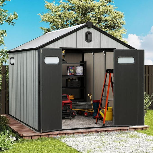 Domi 8x12FT Resin Outdoor Storage Shed with Lockable Door, Waterproof Outside Sheds with Windows & Vents, Heavy-Duty Plastic Tool Storage Shed for Patio Furniture, Lawn Mower, Bike