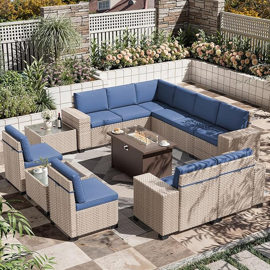 13 Pieces Patio Furniture Set with Metal Fire Pit Table, Outdoor Sectional Wicker Sofa with Thick Cushions and Coffee Table, High Back Rattan Patio Conversation Sets, Navy
