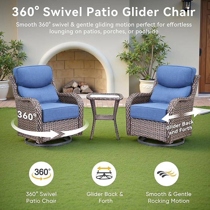 Luxury High Back Outdoor Swivel Rocker Patio Chairs with Side Table & 6-Inch Thick Cushions, 2 Pieces Patio Furniture Set for Porch, Balcony, Deck and Yard