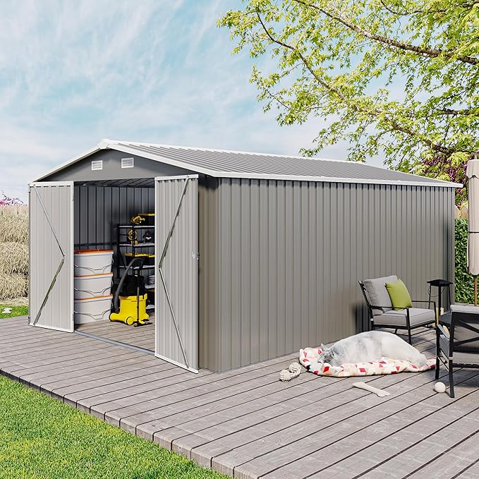 KEIKI 10x 14 FT Metal Storage Shed Outdoor, Large Garden Shed with Roof & Lockable Doors, Utility Tool Sheds Frame & 4 Vents for Patio Backyard Bicycles Storage House, All Weather Use, Light Grey