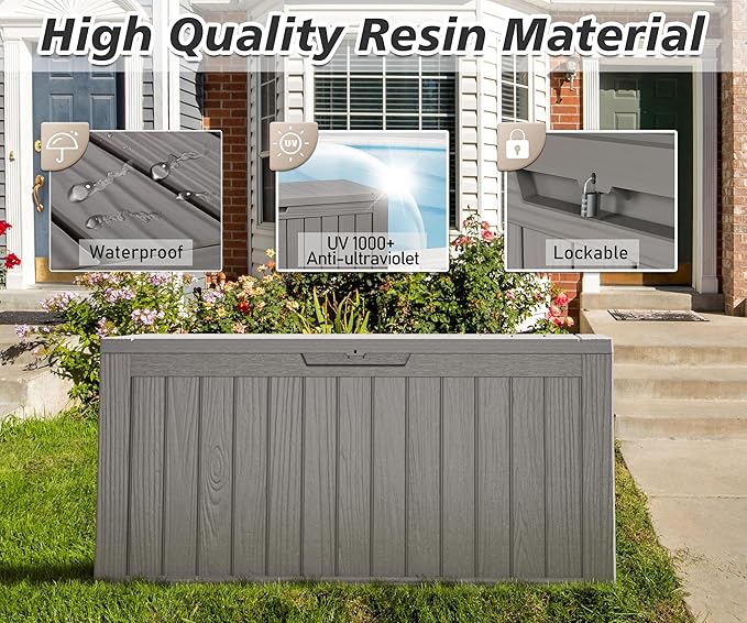 NUNU LAB 75 Gallon Outdoor Storage Box,Deck Box Resin Large Sturdy, Backyard Outside Storage Box Waterproof with Double Wall Panels,Package Delivery Garden Outdoor Hose Storage Bin,Tool
