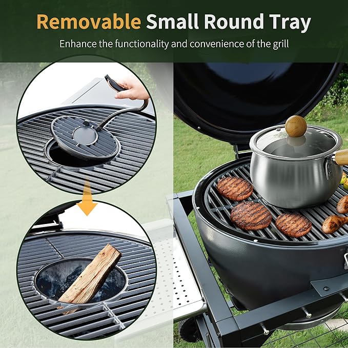 Brand-Man Charcoal Grill & Smoker Steel Kamado - 22" Cast Iron Grates, Grilling Basket, Large Prep Table Cart, Ideal for Outdoor Cooking