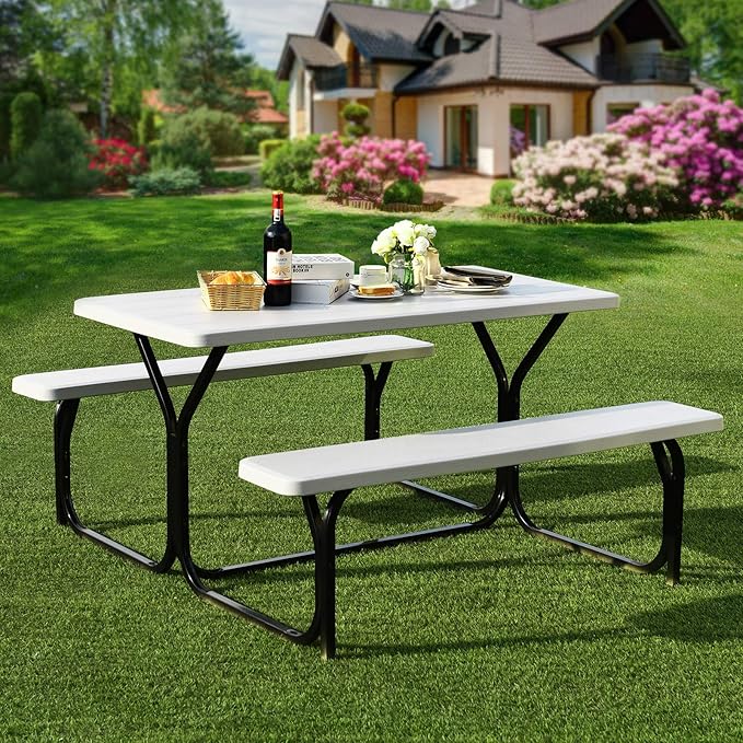 Giantex Picnic Table Bench Set Outdoor Camping All Weather Metal Base Wood-Like Texture Backyard Poolside Dining Party Garden Patio Lawn Deck Large Camping Picnic Tables for Adult (White)
