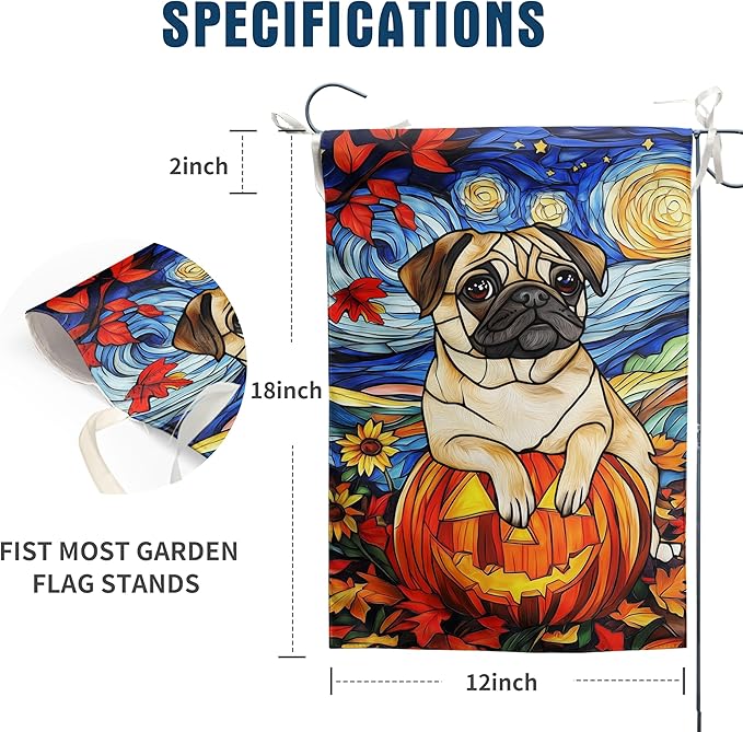 Stained Glass Pug Fall Garden Flag Halloween Pumpkin Yard Signs Autumn Sunflower Thanksgiving Banner for Outside 12x18 Double Sided Small Dog Outdoor Decorative
