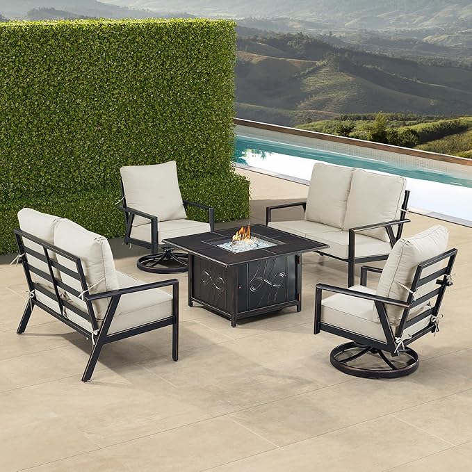 Oakland Living Black Aluminum Patio Fire Table Set with Two Deep Seating Loveseat with Cushions and Two Club Chairs with Light Grey Cushions