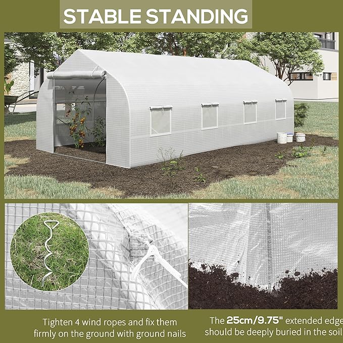 Outsunny 20' x 10' x 7' Walk-in Greenhouse, Tunnel Green House with Galvanized Steel Frame, Hoop House Kit with Zippered Door and 6 Windows, White