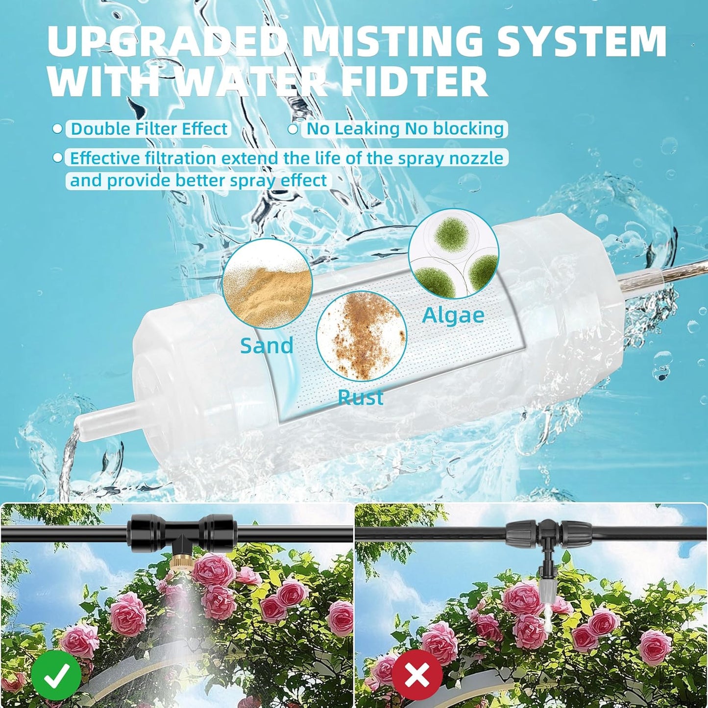 50FT Misters for Outside Patio Outdoor Misting System with Water Filter Automatic Cooling Patio Greenhouse Fan BBQ Pool Mist Kit for Irrigation Garden Durable All-Weather 1/4" Tubing