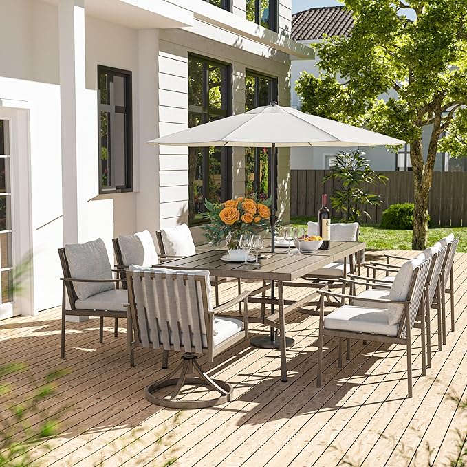HAPPATIO 9-Piece Patio Table and Chairs Set for 8, Aluminum Outdoor Dining Set with Cushions, 6 Dining Chairs and 2 Swivel Chairs, 1 Large Rectangular Table with Umbrella Hole,Grey