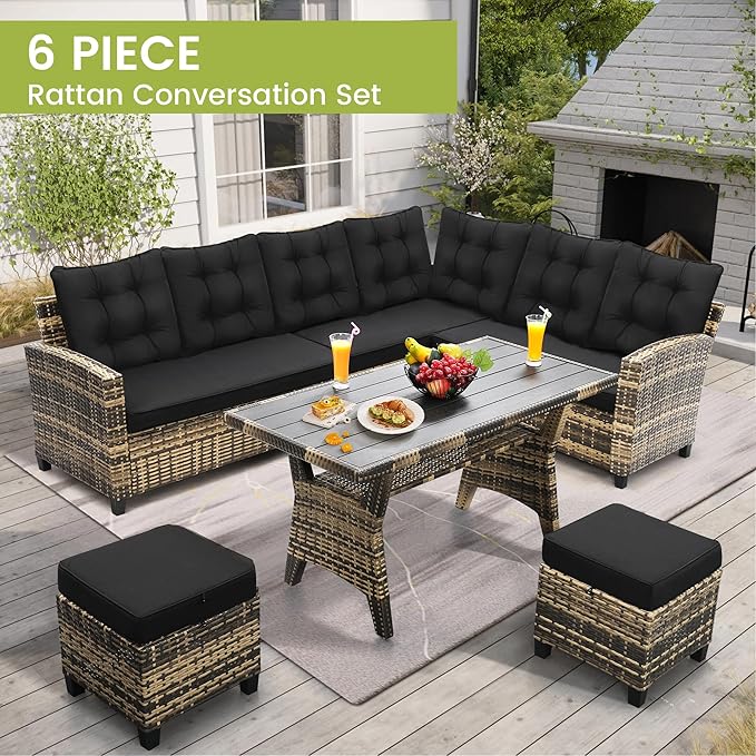 6-Piece Outdoor Patio Furniture Set - Sectional Sofa, Dining Table & Chairs Included, All-Weather Dining Set with Ottoman, Natural Wicker and Black Cushions