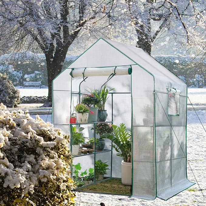 Green Houses for Outdoors, PE Walk in Greenhouse with 2 Side Mesh Windows, Portable Green House with Anchors & Ropes Stands Up to Wind, 56"x56"x78" White