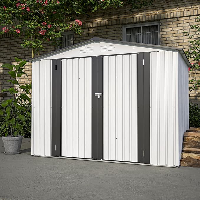 10X8 FT Outdoor Storage Shed, All Weather Metal Sheds with Lockable Doors, Tool Shed for Garden, Patio, Backyard, Lawn (White, 8x6 ft)