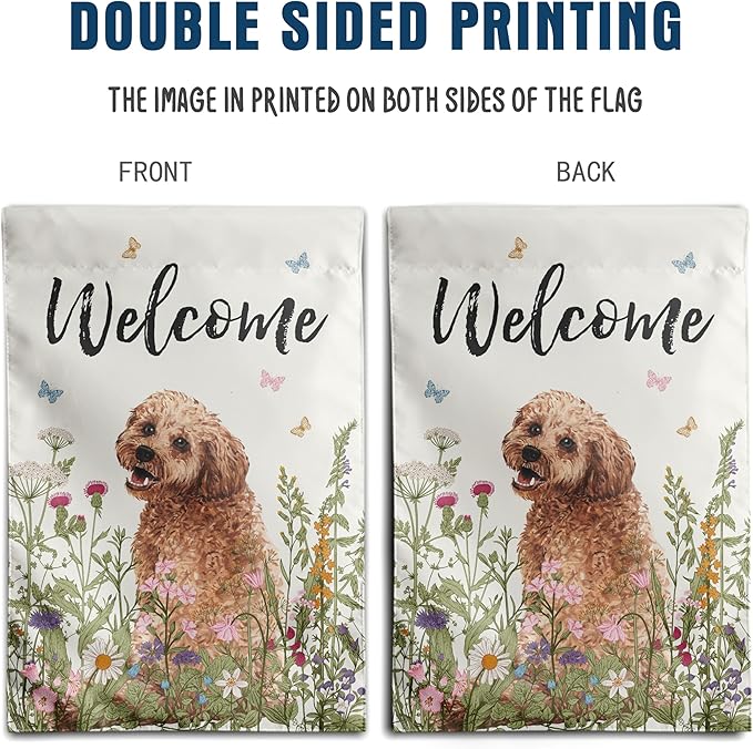 Spring Summer Garden Flag Floral Golden Doodle Puppy Yard Flag Flower Dog Garden Flags for Outside Small Outdoor Welcome Flags 12x18 Double Sided
