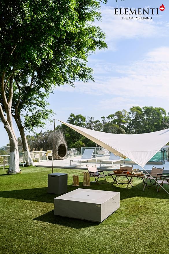 Elementi+ | Bundle Capertee Gas Fire Pit Cast Concrete 40" Square Fire Table, Outdoor Fire Pit Electronic Ignition | Canvas Cover, Fire Glass and Burner Lid Included | Light Gray | Propane Gas