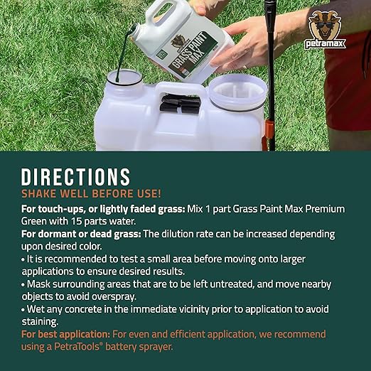 PetraMax Max Grass Paint for Lawn - Maintain Perfect Green Grass, Spray for Lawn & Shrubs Green Spray, Paint Pair with Petra Sprayers - Touch up Dog Spots - Non-Toxic Safe for Pets (Premium, 1 Gal)