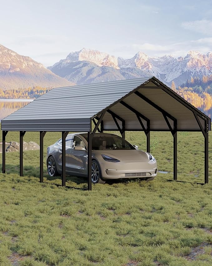 12x20 FT Metal Carport, Reinforced Frame and Steel Roof for All-Weather Use, Permanent Shelter for Bass Boats, Full-Sized Pickup Trucks, and Tractors