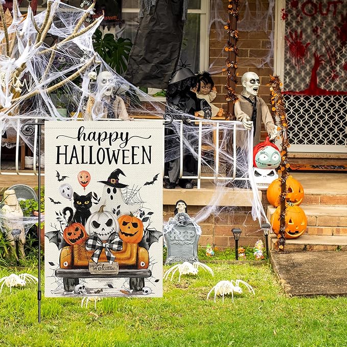 Louise Maelys Happy Halloween Garden Flag Black Cat Ghost Pumpkin Truck 12x18 Inch Double Sided Boo Holiday Seasonal Welcome Fall Autumn Small Burlap Yard Sign Outside Outdoor House Decor