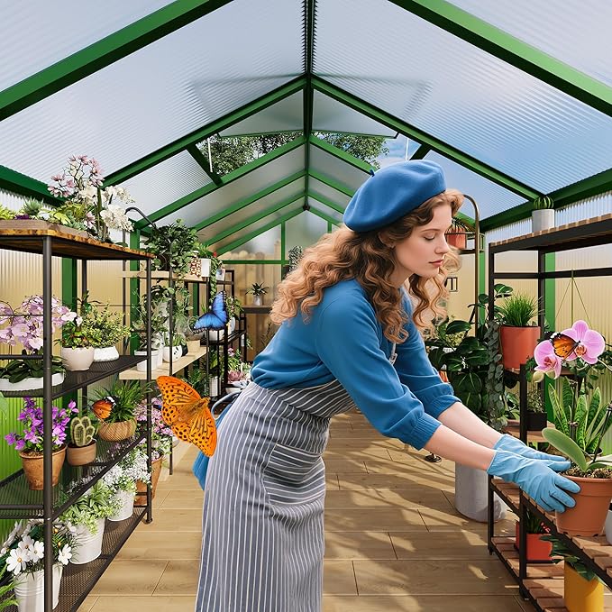 6x8 FT Greenhouse for Outdoors, Polycarbonate Greenhouse with Roof Vent, Ground Nails, Lockable Push Door, Aluminum Large Walk-in Green House for Outside Garden Backyard, Patio, Lawn, Green