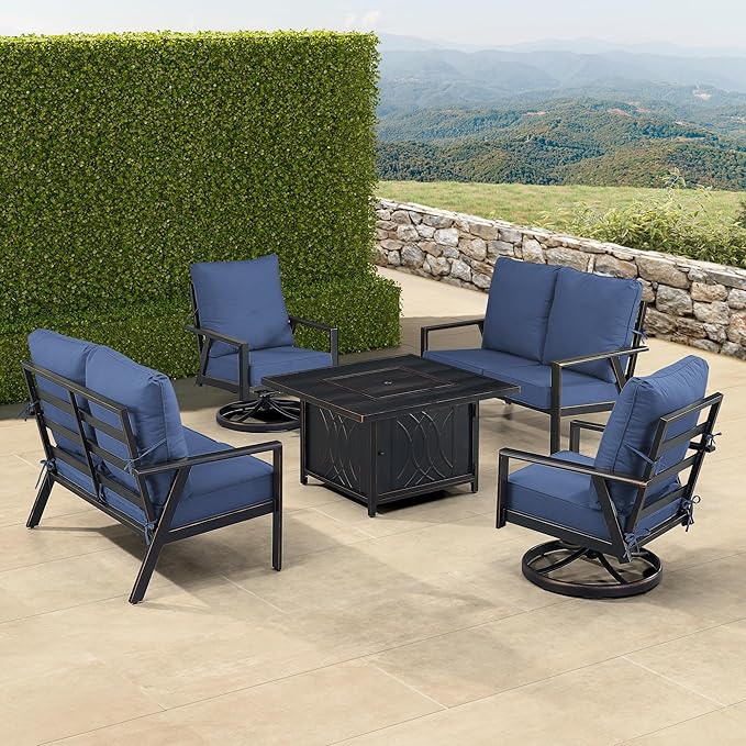 Oakland Living Black Aluminum Patio Fire Table Set with Two Deep Seating Loveseat with Cushions and Two Club Chairs with Blue Cushions