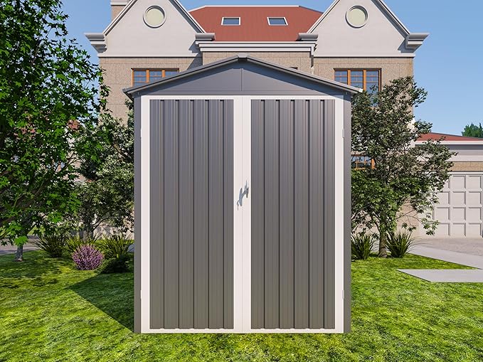 6x10 FT Outdoor Storage Shed, Metal Motorcycle Shed with Window, Storage Building with Lockable Hinged Doors & Sloped Roof, Waterproof Outside Garage Sheds for Garden, Backyard, Patio, Gray+White