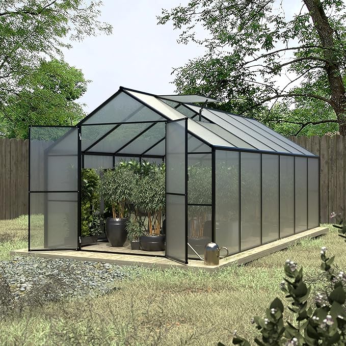 BlueWish 8x12FT Greenhouse for Outdoors, Greenhouses with 2 Adjustable Vents,Aluminum Frame, Heavy Duty Greenhouse Kit with Polycarbonate Panel, Walk-in Green House for Garden, Gray