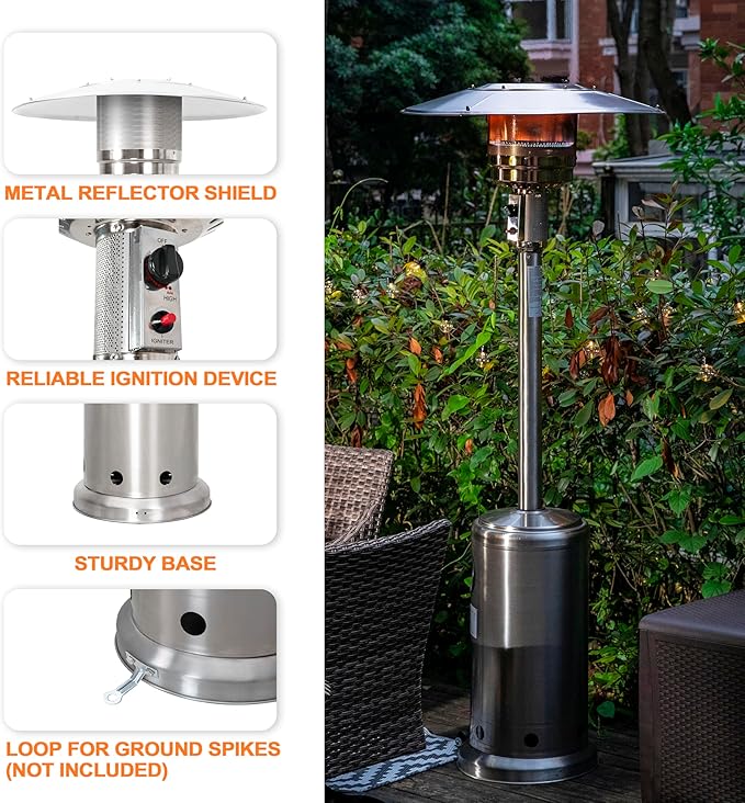 Nuu Garden Outdoor Propane Patio Heater, 46,000 BTU with Stainless Steel Burner and Wheels, Silver for Garden and Terrace